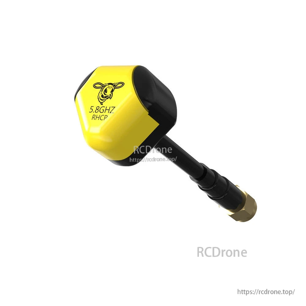 Speedy Bee 5.8 GHz Antenna, Speedy Bee 5.8GHz RHCP FPV antenna with yellow-and-black housing, short whip cable, and SMA-style connector