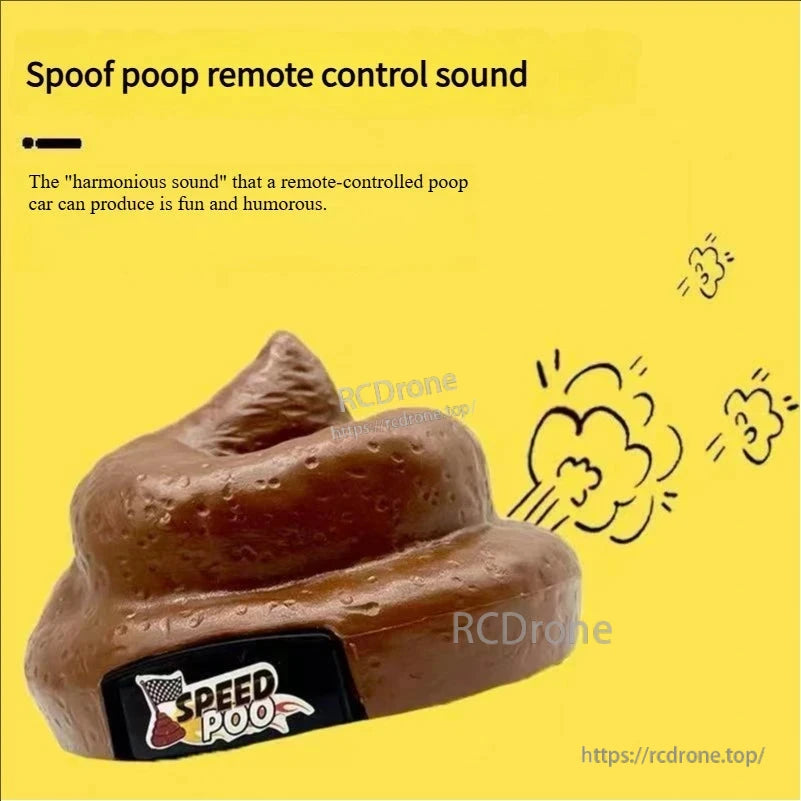 Speedy Funny RC Poop Car, Funny remote-controlled "SPEED POO" car with fart sounds, perfect prank toy for kids and parties, featuring a yellow label.