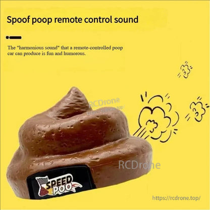 Speedy Funny RC Poop Car, Funny remote-controlled "SPEED POO" car with fart sounds, perfect prank toy for kids and parties, featuring a yellow label.