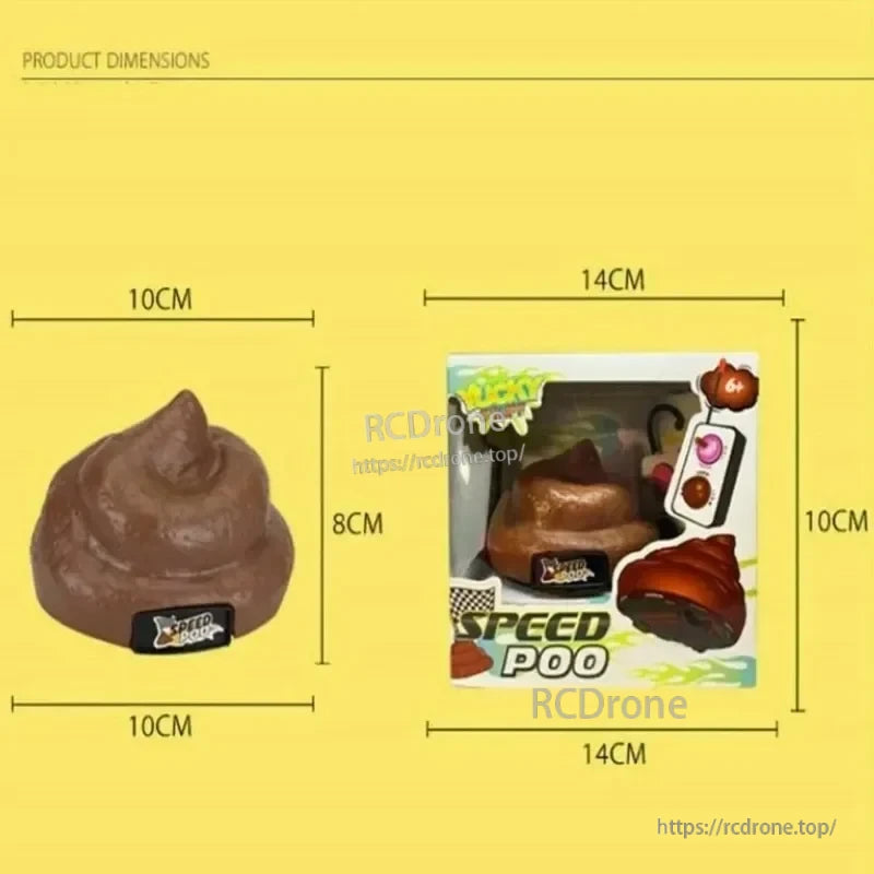 Speedy Funny RC Poop Car, Speed Poo RC toy: 10x10x8cm poop-shaped car, fun remote-controlled design, packaged in 14x14x10cm box.