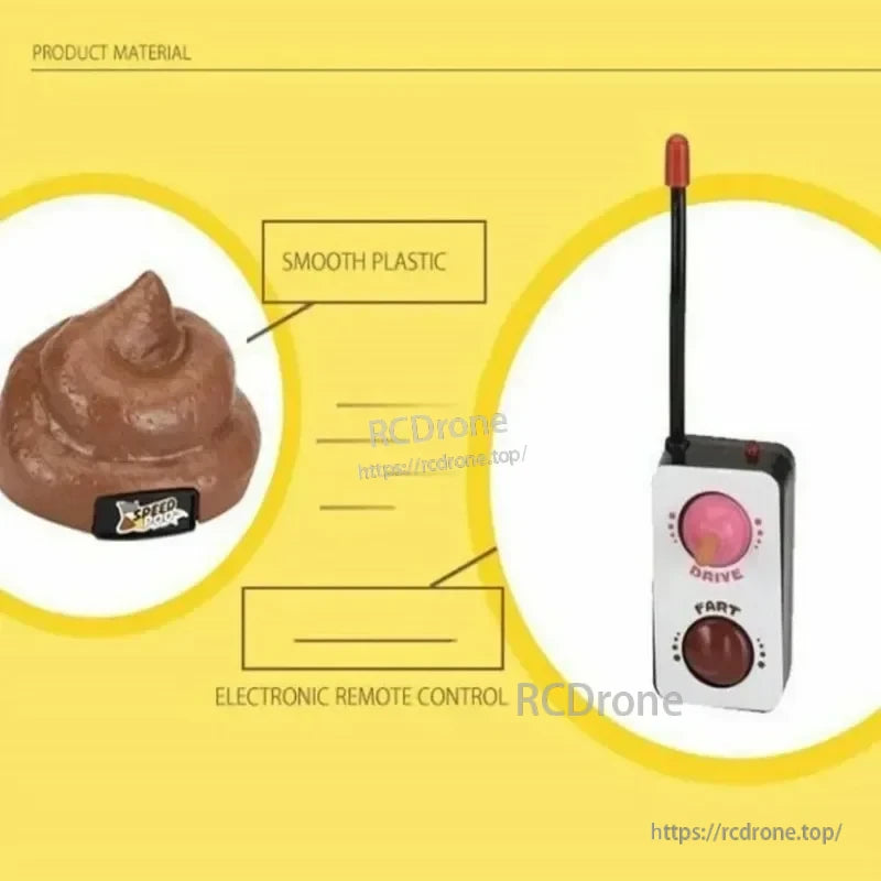 Speedy Funny RC Poop Car, A remote-controlled, poop-shaped plastic car with a drive and fart button on the electronic remote.
