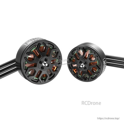 SpeedyBee 1404-V2 4600KV Brushless Motor, SpeedyBee 1404-V2 4600KV brushless drone motor close-up with black open bell, copper windings, and attached wires