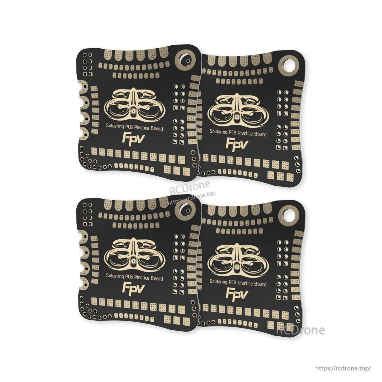 Set of four FPV soldering PCB practice boards with multiple solder pads, through-holes, and a mounting hole