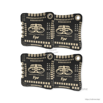 Set of four FPV soldering PCB practice boards with multiple solder pads, through-holes, and a mounting hole