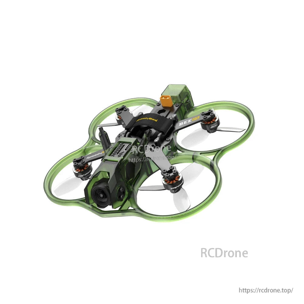 SpeedyBee BEE25 Multi-Color Injection Molded Parts, SpeedyBee BEE25 ducted FPV drone frame parts in translucent green, with four prop guards and front camera mount