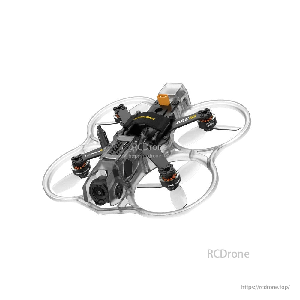 SpeedyBee BEE25 Multi-Color Injection Molded Parts, SpeedyBee BEE25 cinewhoop FPV drone with clear prop ducts, four motors, and a front-mounted camera