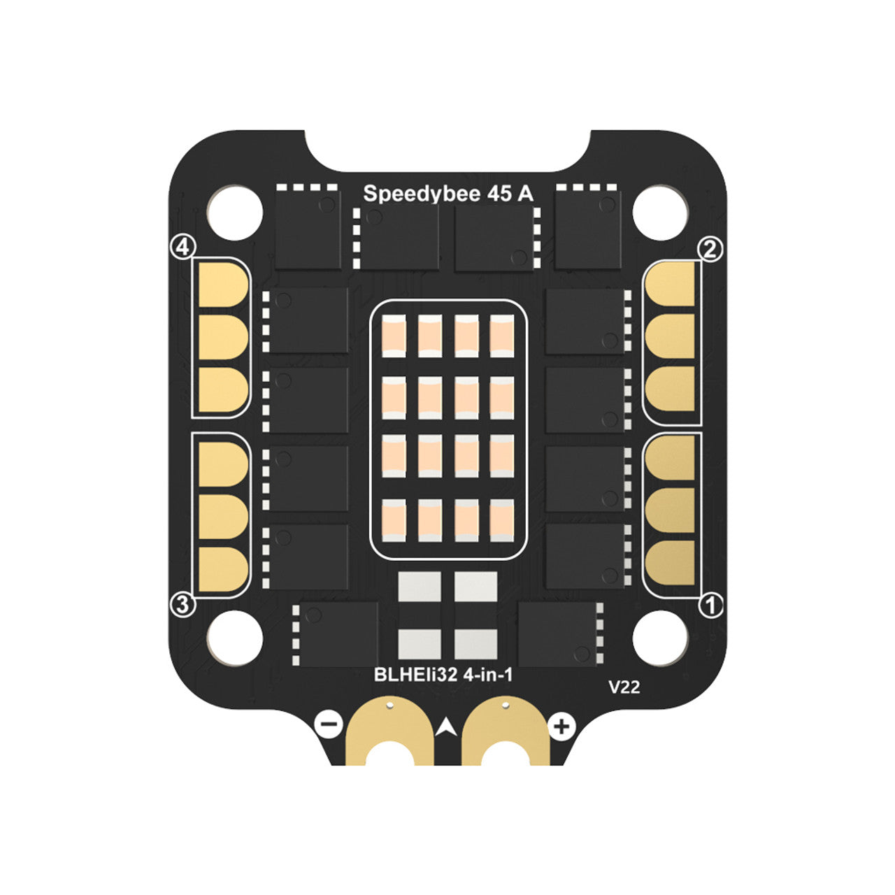 SpeedyBee BLHeli32 45A 128KHz 4-in-1 ESC, Speedy Bee BLHeli32 45A 128KHz 4-in-1 ESC for drones and other applications.