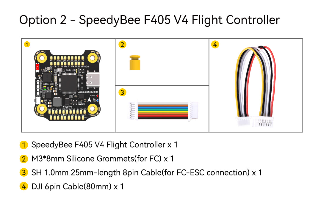 SpeedyBee F405 V4 FC&ESC Stack, SpeedyBee F405 V4 BLS 55A 30x30 quadcopter with four motors, FC, and ESC components.