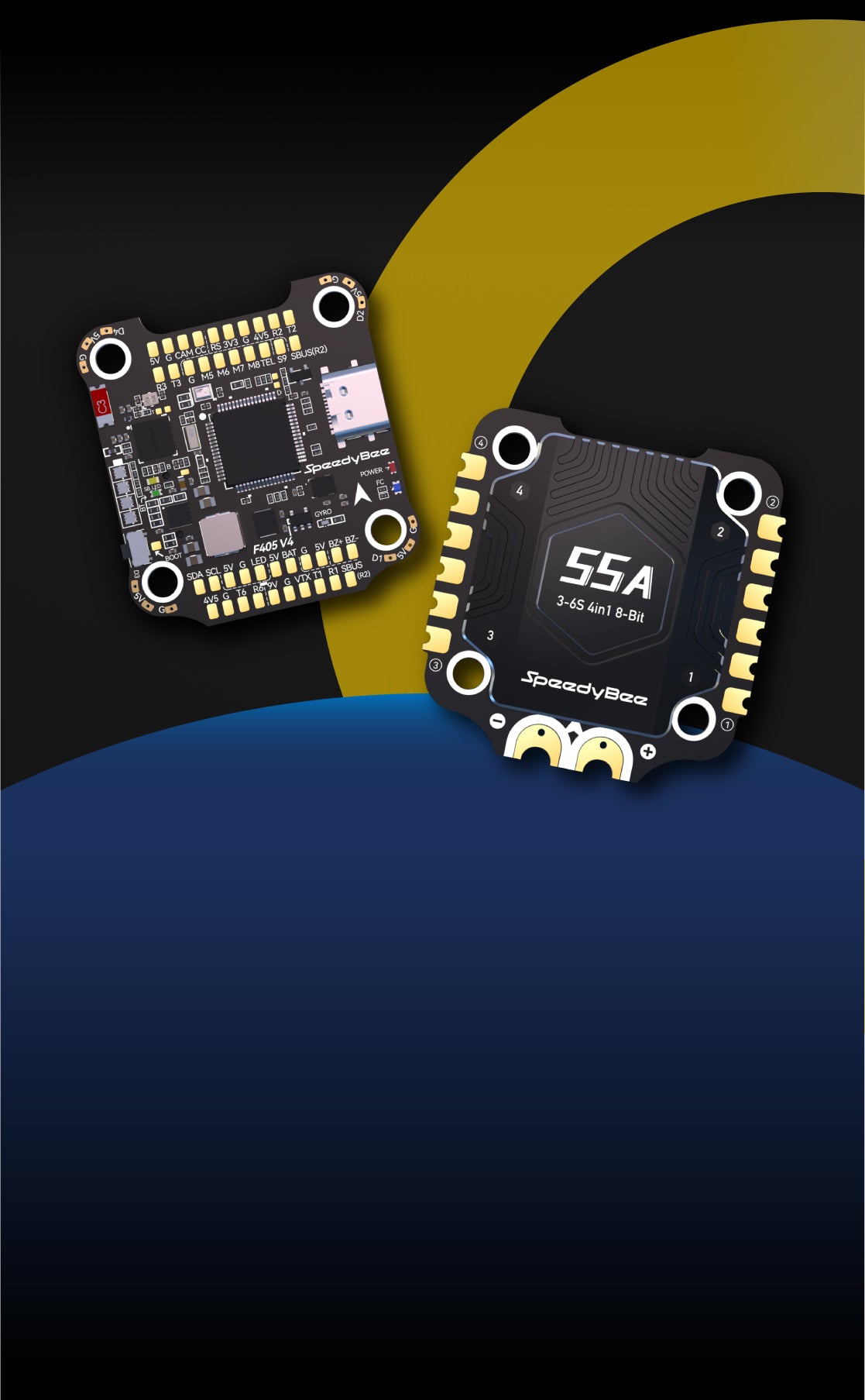 SpeedyBee F405 V4 FC&ESC Stack, The board features high-quality Japanese capacitors for filtering and energy storage.