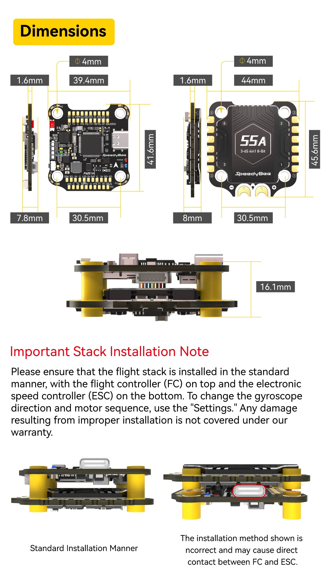 SpeedyBee F405 V4 FC&ESC Stack, The SpeedyBee F405 V4 has compact dimensions and requires careful installation for optimal performance.