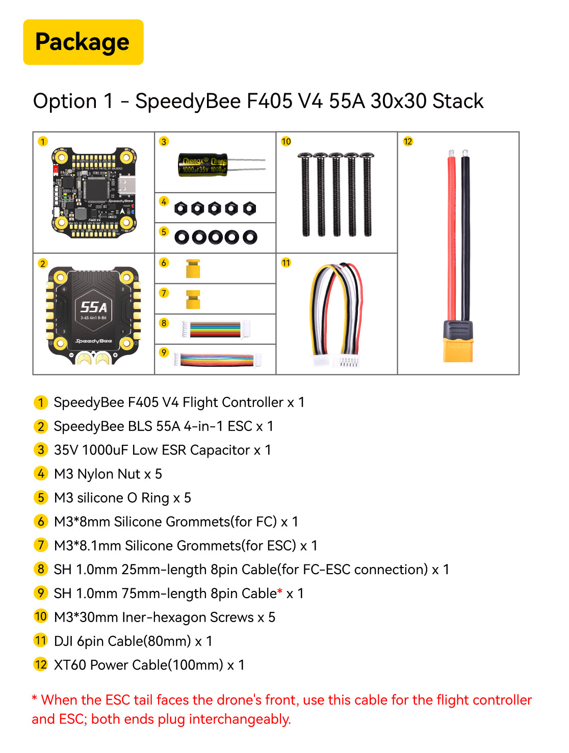 SpeedyBee F405 V4 FC&ESC Stack, The SpeedyBee F405 V4 BLS 55A 30x30 FC&ESC stack includes a flight controller and ESC, along with various accessories.