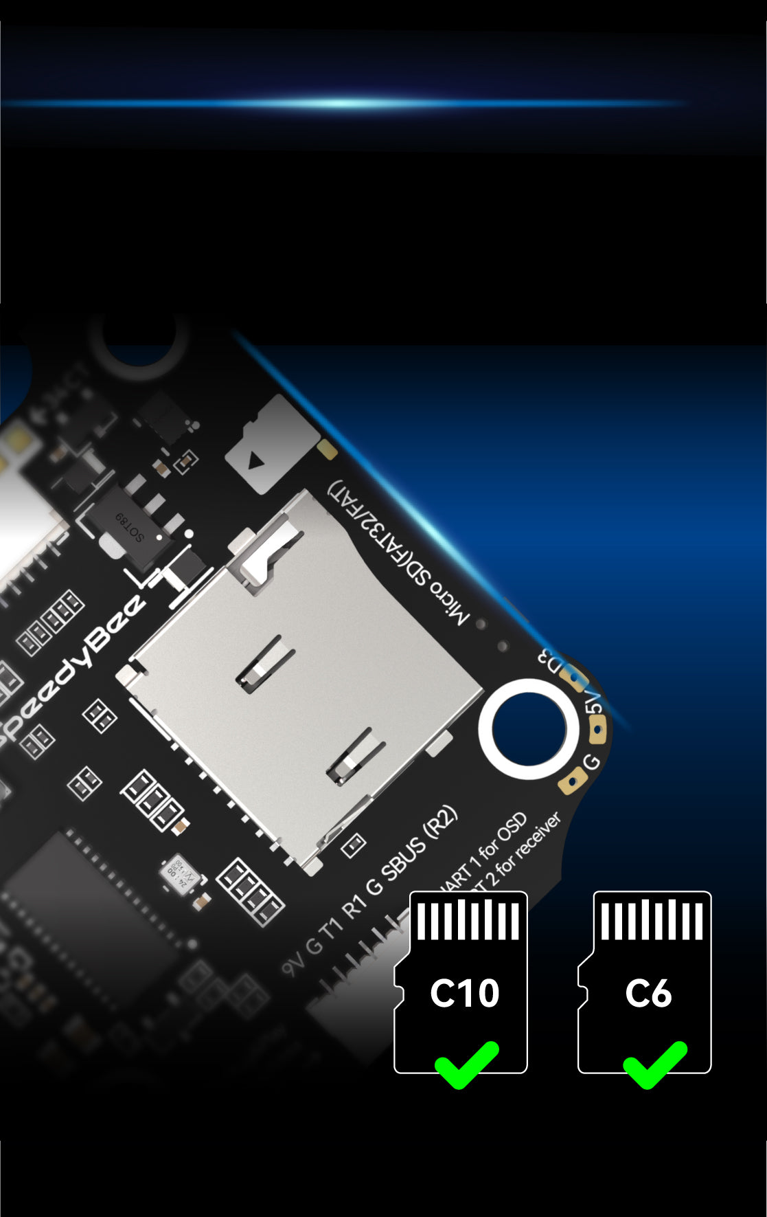 SpeedyBee F405 V4 FC&ESC Stack, Two 9V outputs, one on the front side +9V pad and another in a connector on the bottom side.