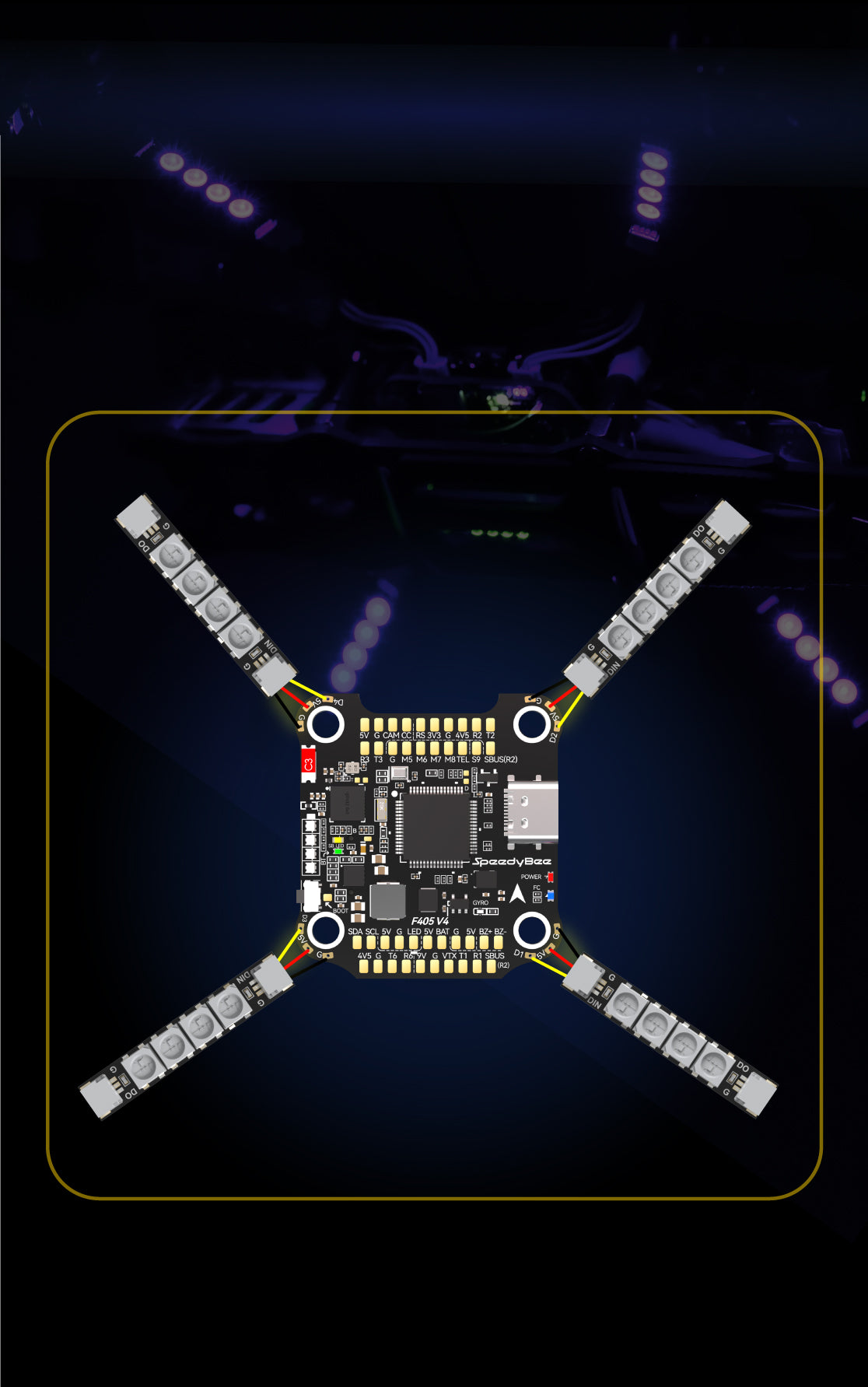 SpeedyBee F405 V4 FC&ESC Stack, LED strips can be bought and there an option to switch to Betaflight LED mode by pressing the boot button.