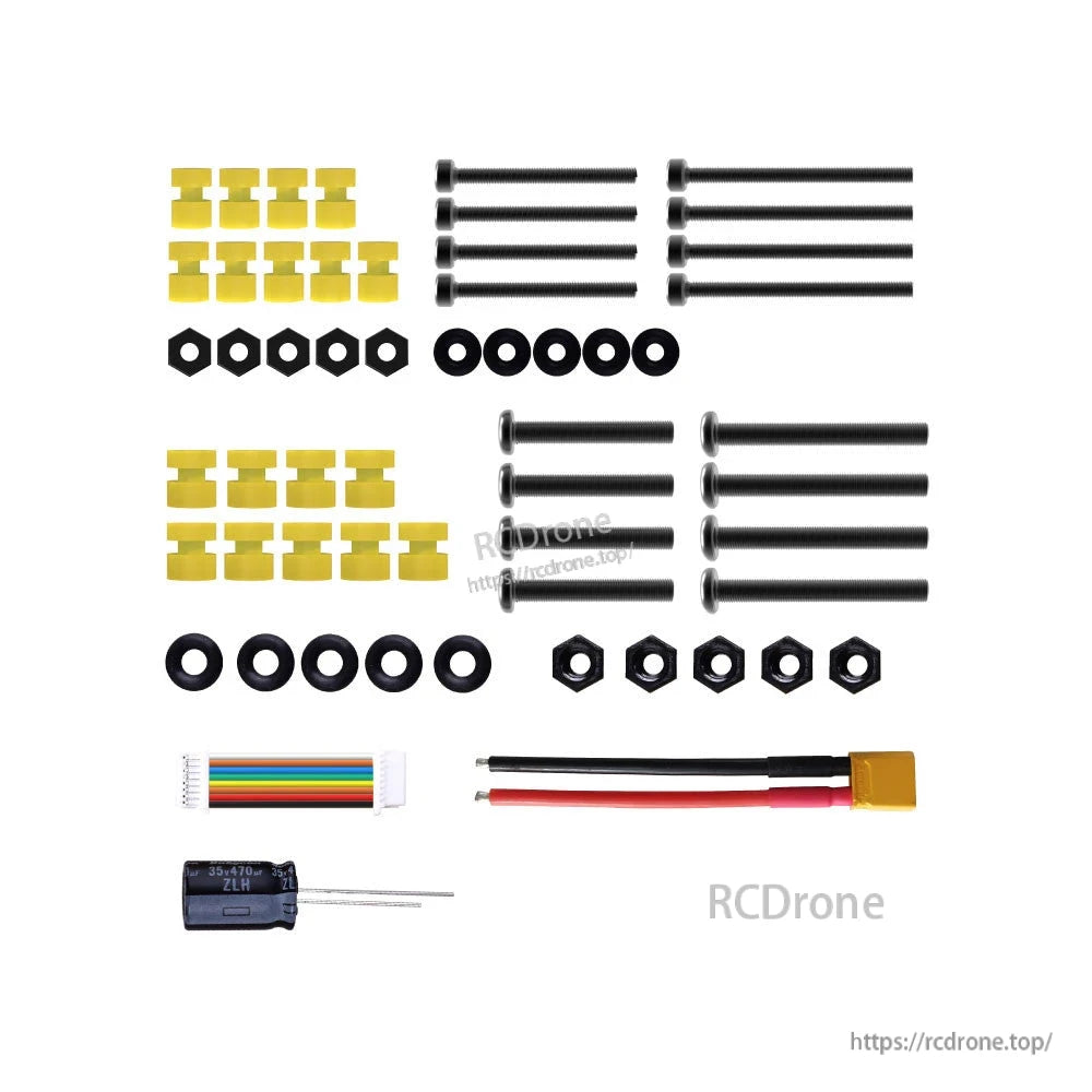 SpeedyBee F7 Mini stack accessory kit with mounting screws, nuts, washers, yellow spacers, XT60 lead and 470uF capacitor