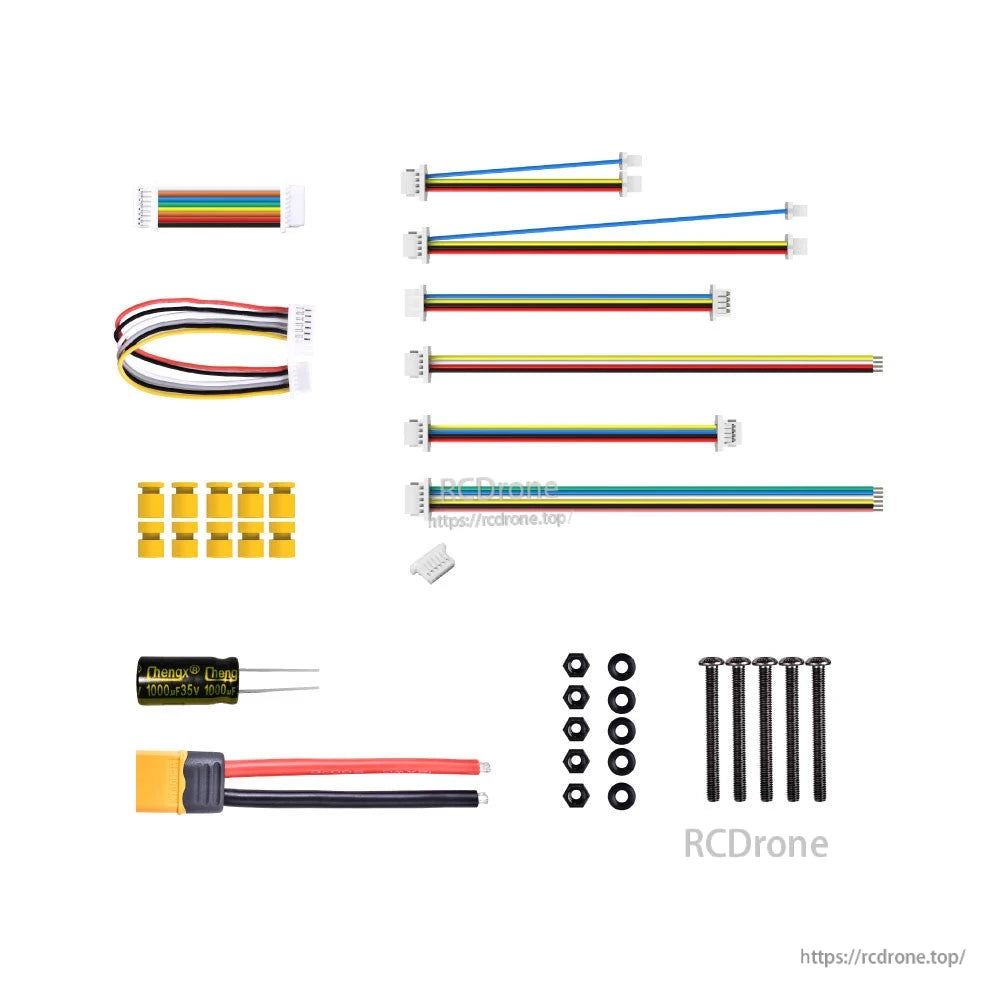SpeedyBee F7 V3 stack accessory bundle with JST wiring harnesses, soft gummies, XT60 pigtail, 1000µF capacitor, and screws