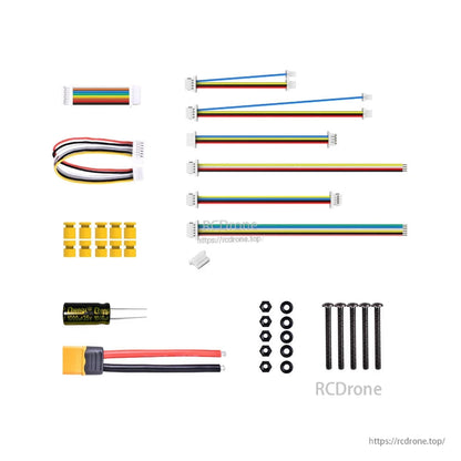 SpeedyBee F7 V3 stack accessory bundle with JST wiring harnesses, soft gummies, XT60 pigtail, 1000µF capacitor, and screws