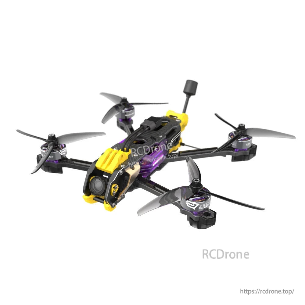 SpeedyBee Mario 5 DC/XH Drone Upgrade Kit, SpeedyBee Mario 5 FPV drone upgrade kit quadcopter with yellow camera mount, top strap, and rear antenna