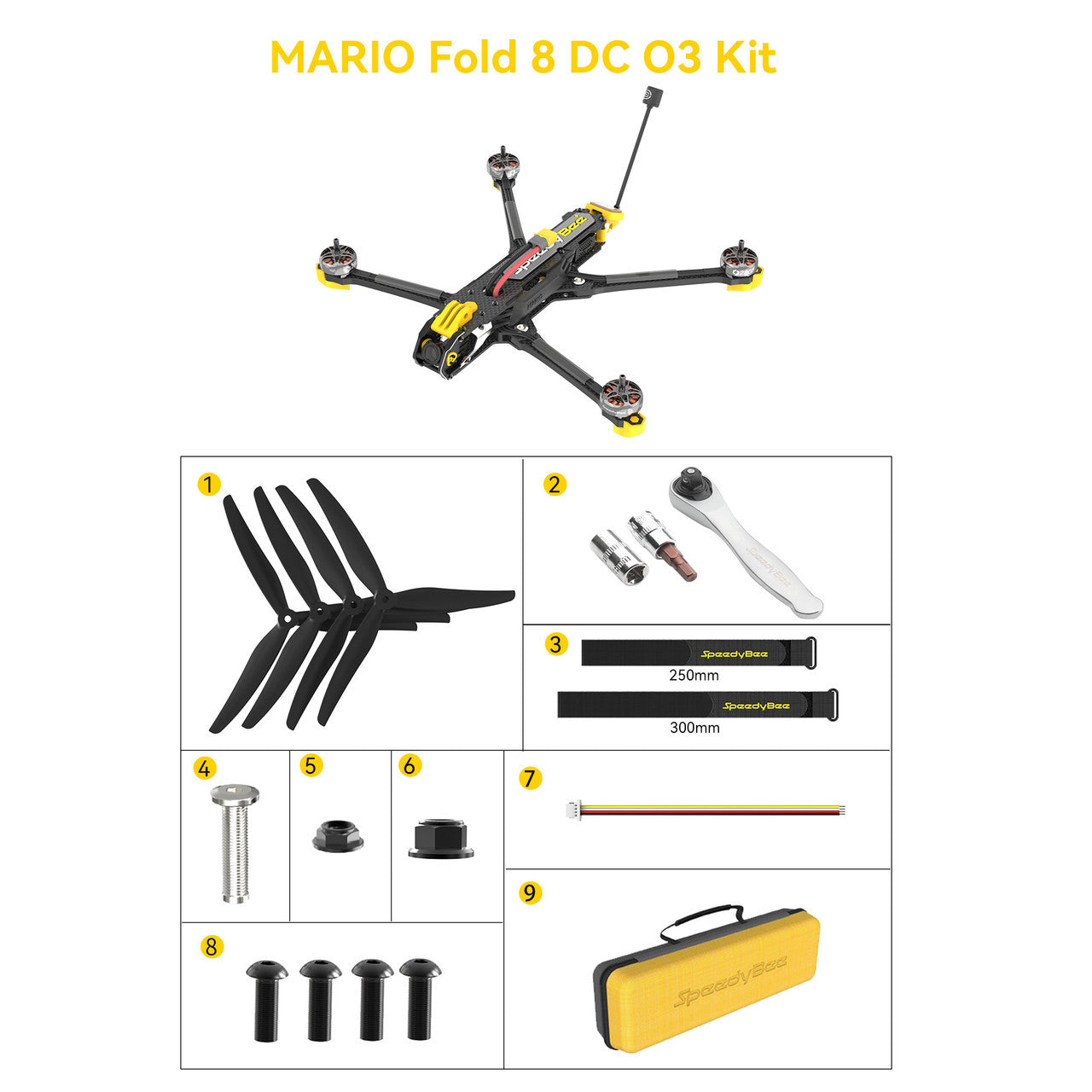 SpeedyBee Mario Fold 8 DC, A product description for an 8-inch FPV drone with a long range and heavy load capacity.