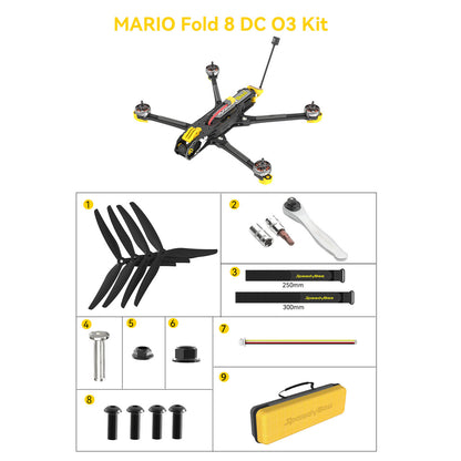 SpeedyBee Mario Fold 8 DC, A product description for an 8-inch FPV drone with a long range and heavy load capacity.