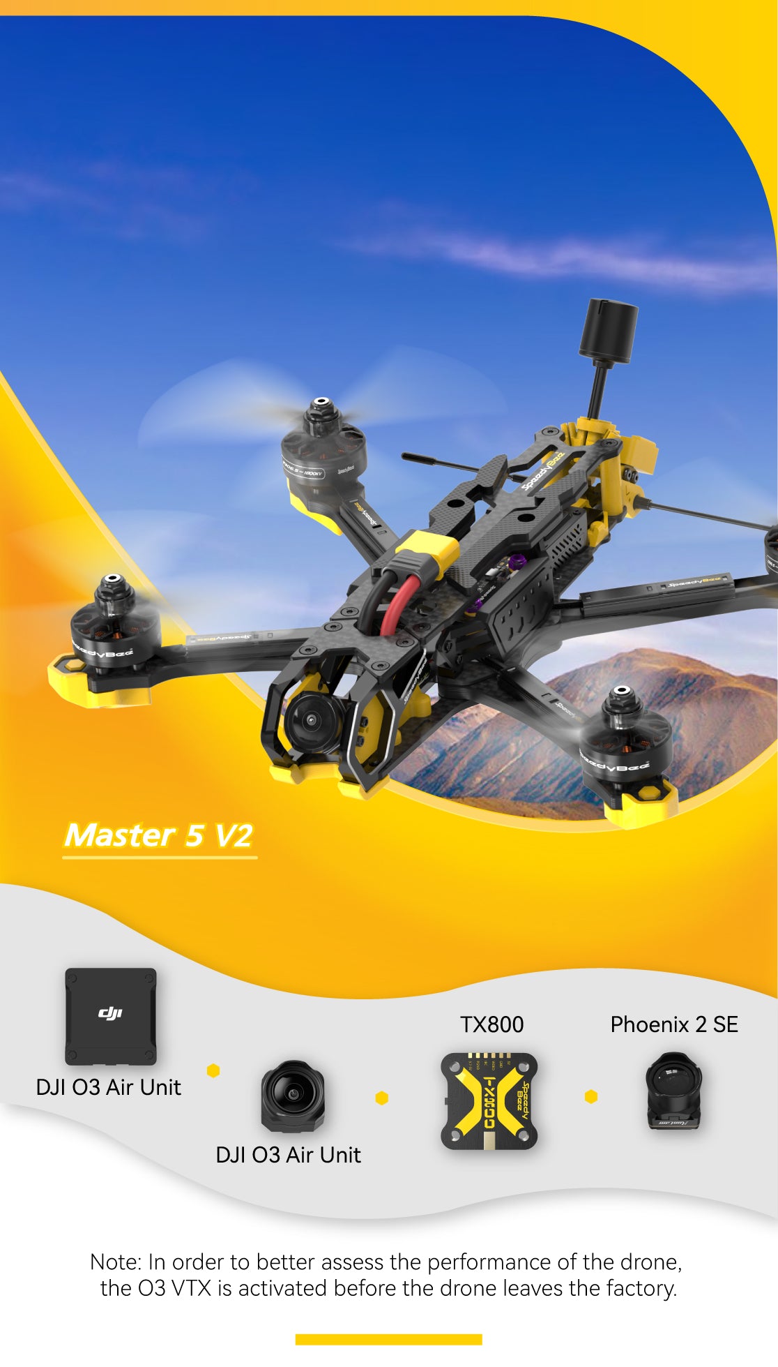 Master 5 V2 Introducing SpeedyBee Master 5 V2 - HD DJI O3 Air Unit with 5-inch display and high-definition transmission.