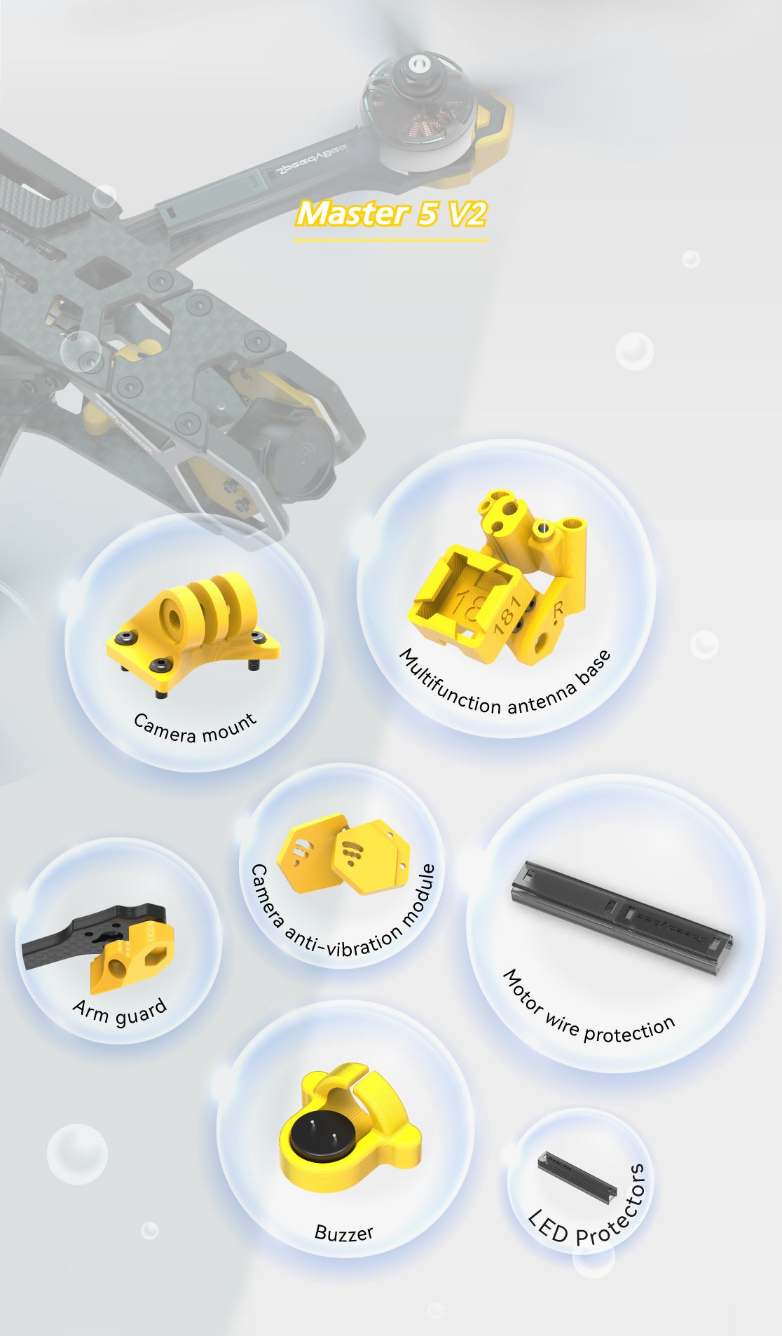 Master 5 V2 The SpeedyBee Master 5 V2 HD DJI O3 Air Unit features an anti-vibration buzzer, multifunction antenna, camera mount, and guard arm with wire protection.