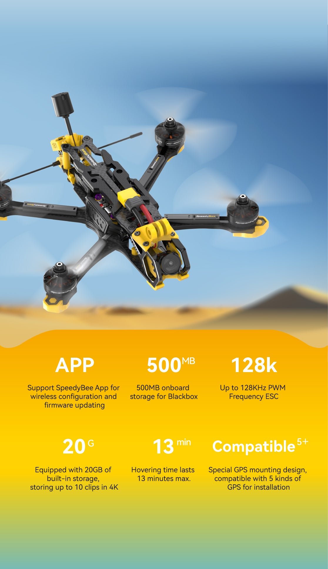 The SpeedyBee Master 5 V2 features an HD DJI O3 Air Unit with a freestyle FPV drone, supporting the SpeedyBee App and wireless configuration.