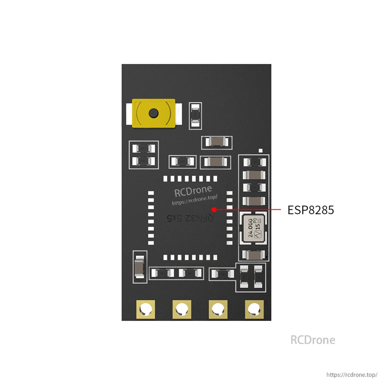 SpeedyBee Nano ExpressLRS (ELRS) Receiver, ExpressLRS nano receiver PCB with ESP8285 chip label, 24.000MHz crystal, and solder pads for wiring