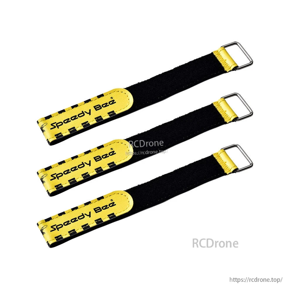 Three SpeedyBee tie down straps with black hook-and-loop webbing, yellow label tabs, and metal buckles