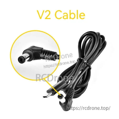 V2 cable photo with inset DC barrel plug close-up and visible RCDRone watermark over coiled cable