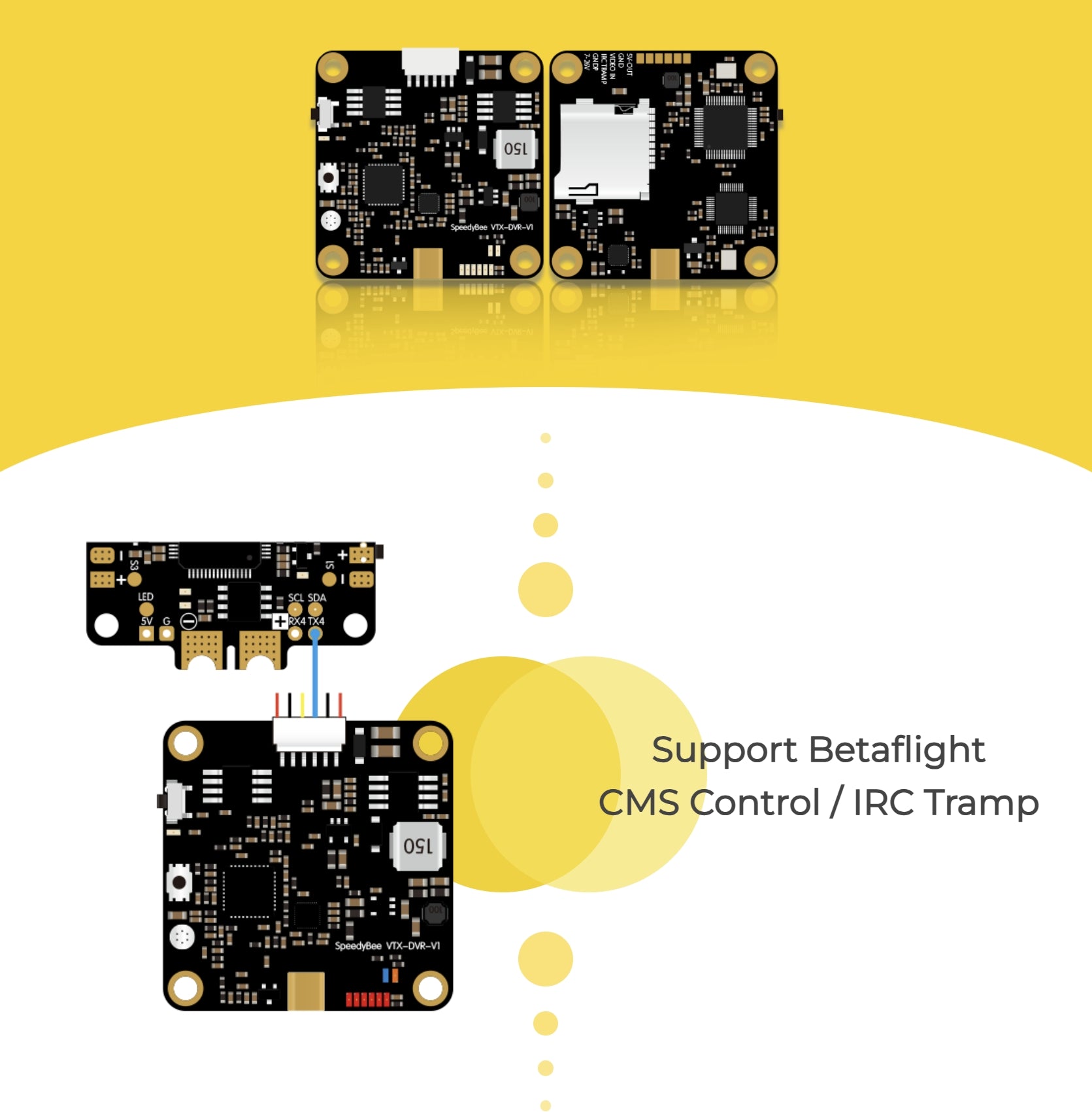 Speedybee VTX-DVR 5.8GHz video transmitter with DVR and CMS/IRC control for quadcopters.