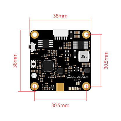 The Speedybee VTX-DVR is a video transmitter operating on 5.8GHz frequency, providing reliable transmission and DVR functionality.