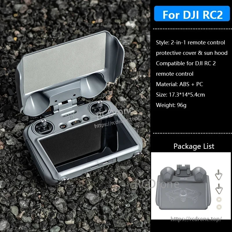 StartRC 2-in-1 Sun Hood Joystick Cover, 2-in-1 DJI RC2 cover and sun hood, ABS+PC material, 17.3×14×5.4cm, 96g, includes case and accessories.