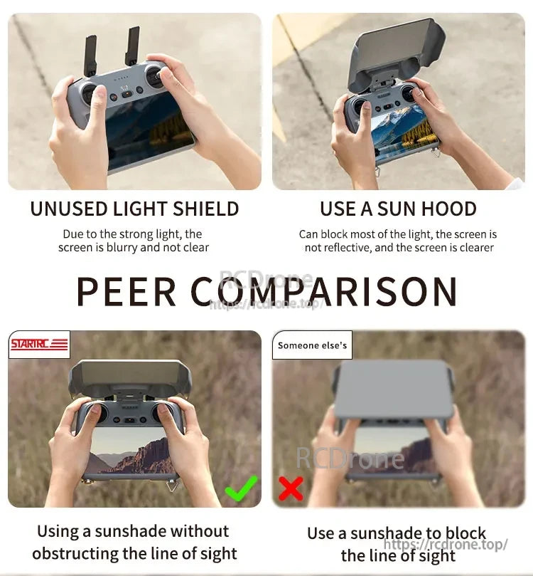 StartRC 2-in-1 Sun Hood Joystick Cover, The StartRC 2-in-1 Sun Hood improves screen clarity by blocking glare, ensuring clear visibility in bright light without obstructing the view.