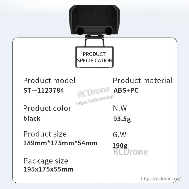 StartRC 2-in-1 Sun Hood Joystick Cover, StartRC 2-in-1 black sun hood and joystick cover made of ABS+PC, 93.5g net weight, dimensions 189x175x54mm, packaged in 195x175x55mm box.