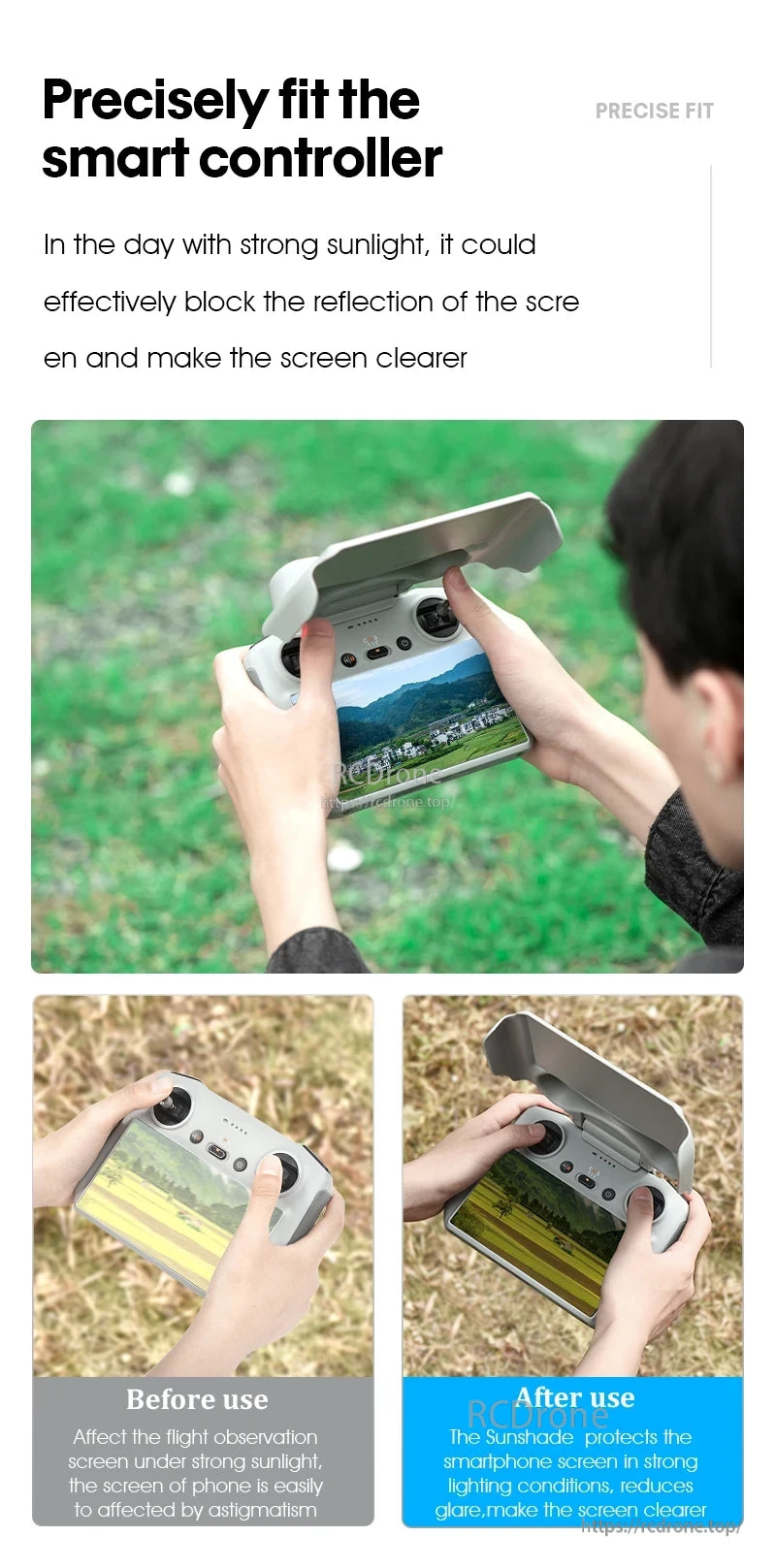 StartRC 2-in-1 Sun Hood Joystick Cover, Sunshade fits smart controller, reduces glare, enhances screen clarity in sunlight for improved flight visibility.