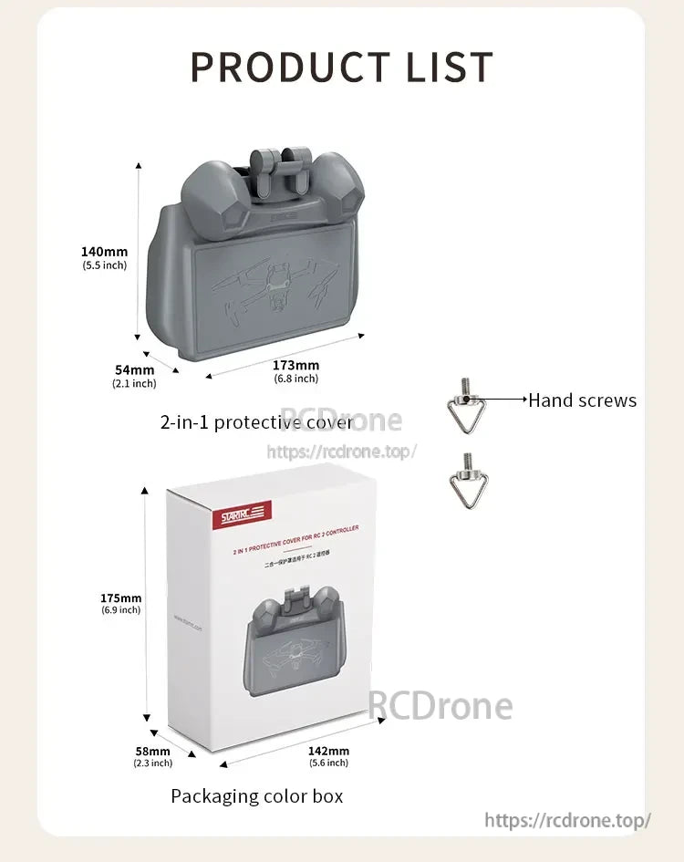 StartRC 2-in-1 Sun Hood Joystick Cover, 2-in-1 protective cover for RC 2 controller with hand screws; dimensions: 140x54x173mm. Includes product list, components, and packaging size: 175x58x142mm.