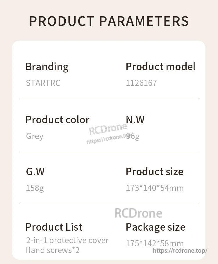StartRC 2-in-1 Sun Hood Joystick Cover, StartRC 2-in-1 protective cover, grey (model 1126167), weighs 96g (net), 158g (gross), measures 173×142×54mm, includes two hand screws.