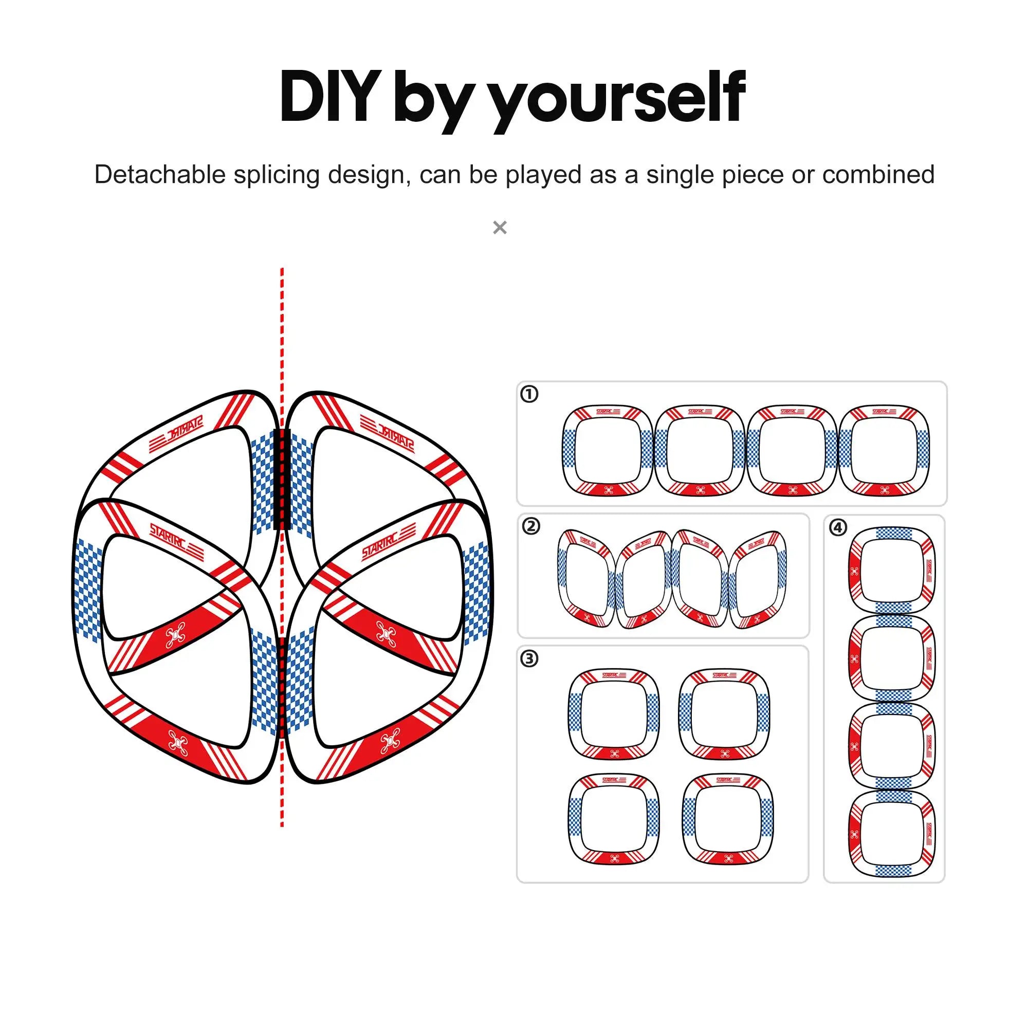 StartRC Avata 2 FPV Gate, Detachable, splicing FPV gate with red, white, and blue frames; configurable for single or combined use in drone racing.