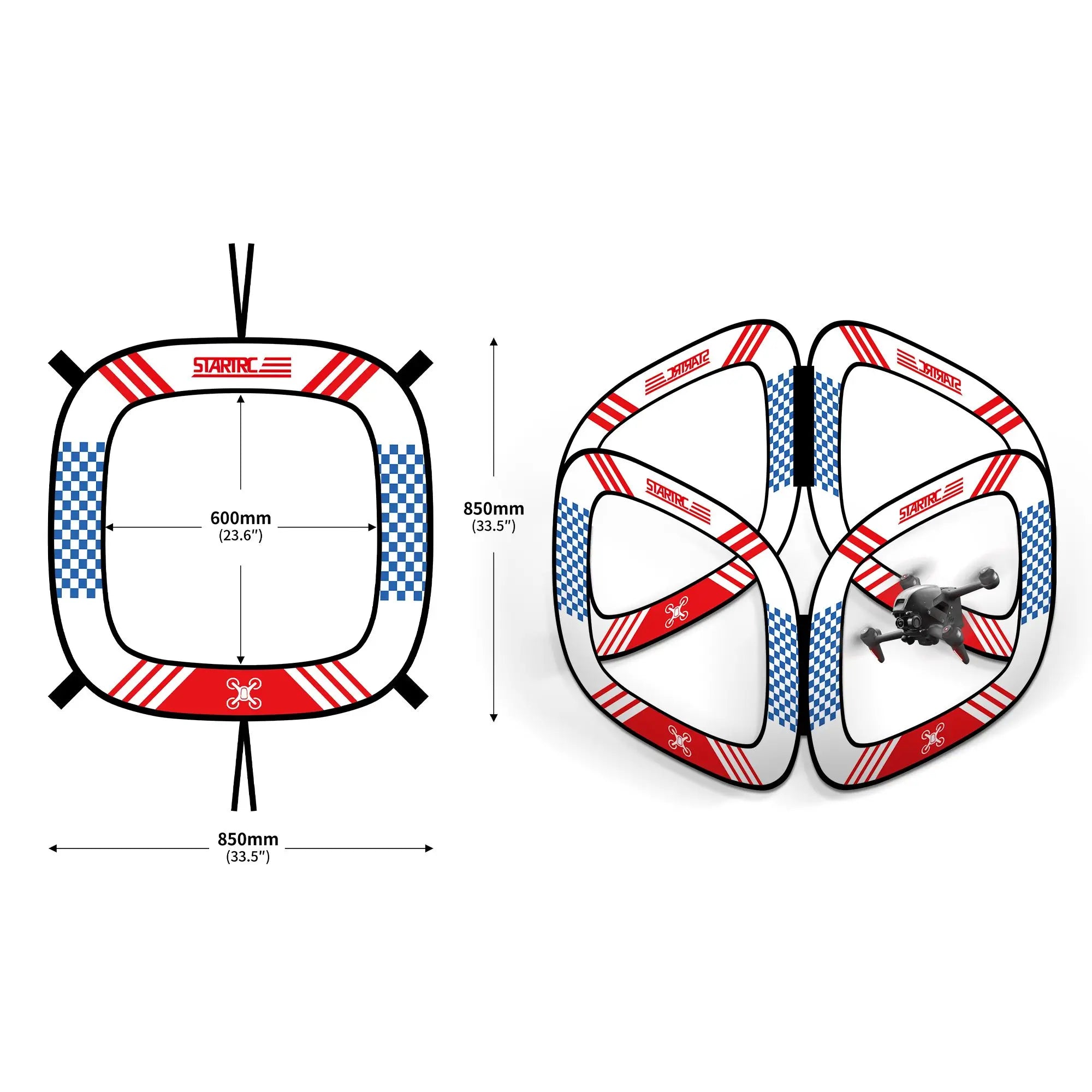 StartRC Avata 2 FPV Gate: 850mm x 850mm, 600mm inner diameter, red and blue design for drone racing.