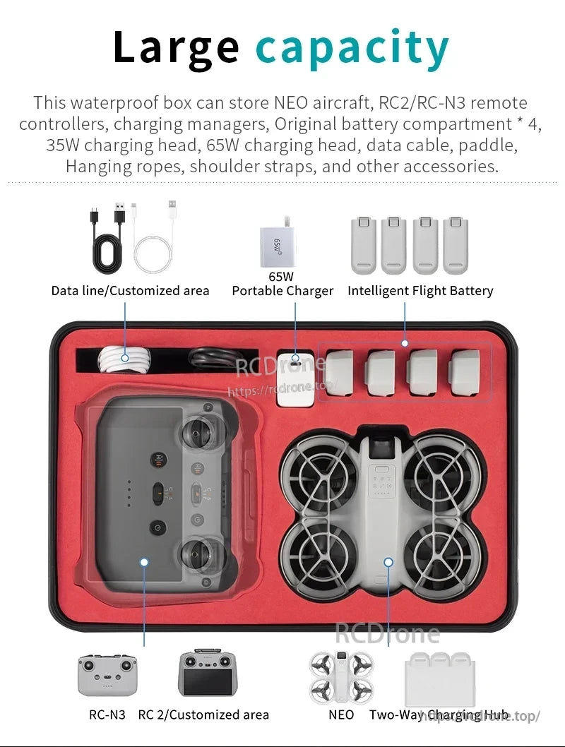 StartRC DJI Neo Case, Waterproof case with organized compartments stores DJI Neo drone, controllers, batteries, chargers, cables, and accessories securely.