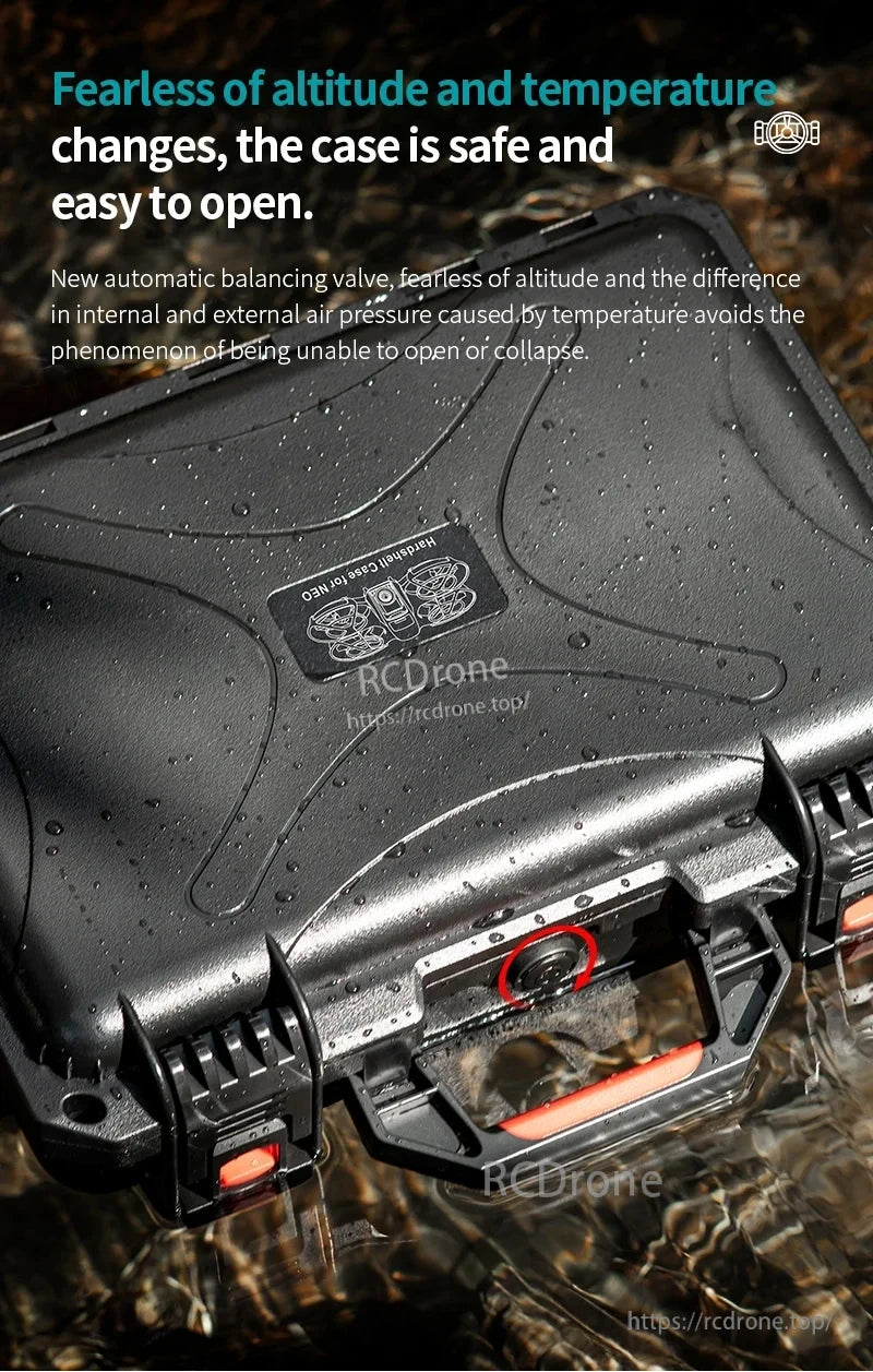 StartRC DJI Neo Case, DJI Neo Case features automatic altitude/temperature balancing, waterproof design, secure latches, and durable construction for safe, easy transport and protection.