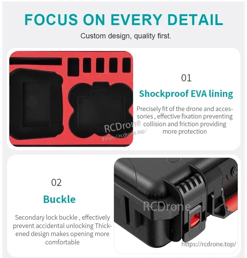 StartRC DJI Neo Case, Shockproof EVA lining ensures a precise fit and protection; secondary lock buckle offers secure closure and easy, comfortable opening.