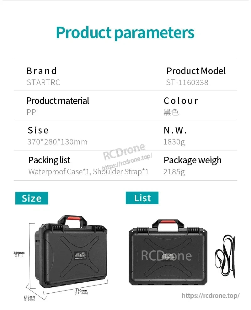The STARTRC DJI Neo Case has a durable design, measures 370x280x130mm, weighs 1830g, and includes a waterproof case and strap.
