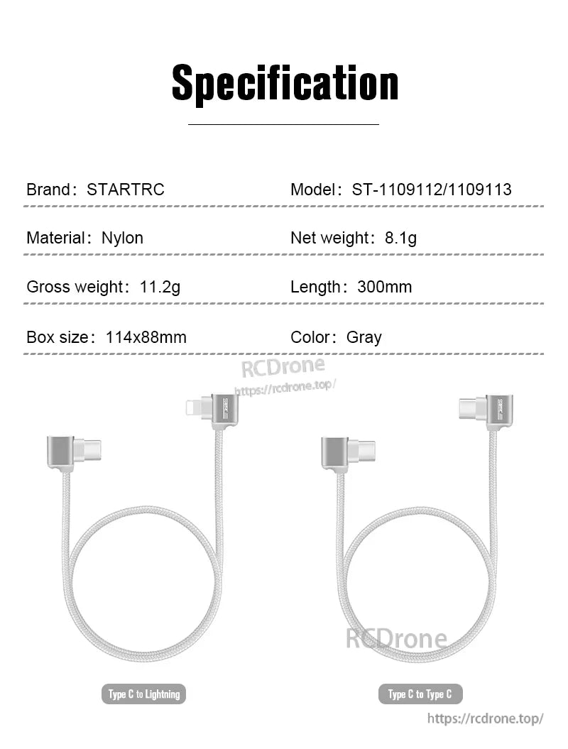 StartRC Data Cable, STARTRC 300mm gray nylon data cable with Type C to Lightning and Type C to Type C connectors.