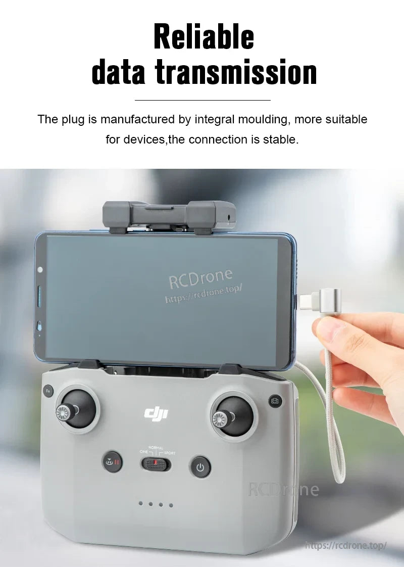 StartRC Data Cable, Integral plug ensures stable connection. DJI controller with smartphone mount shown. Reliable data transmission enables seamless device performance.