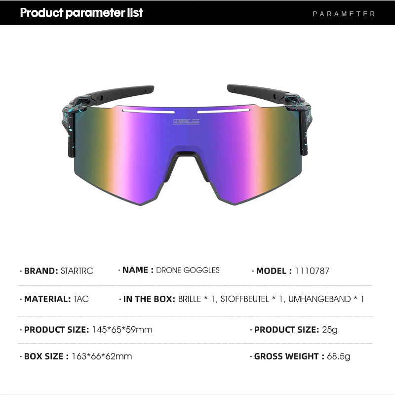 StartRC Drone Flight Goggle, StartRC Drone Goggles (1110787) feature TAC material, mirrored lenses, weigh 25g, include accessories, and have compact dimensions with a gross weight of 68.5g.