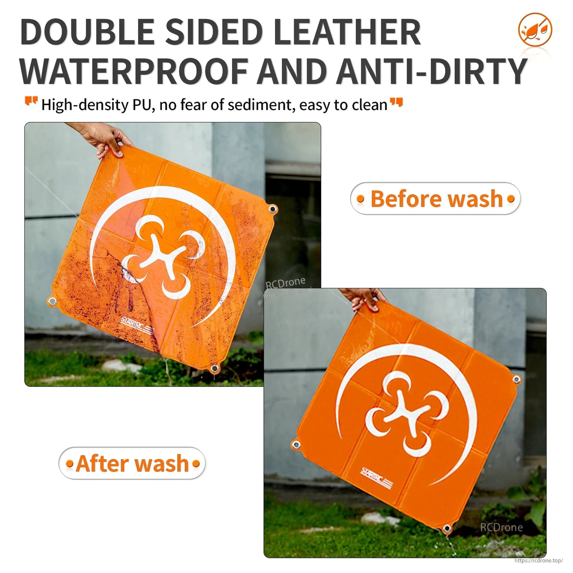 StartRC Drone Landing Pad, Double-sided leather, waterproof, anti-dirty, high-density PU, easy to clean, effective dirt removal, orange pad with white logo, foldable for convenience. (24 words)