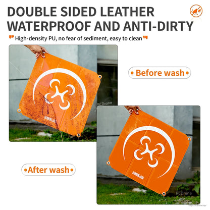 StartRC Drone Landing Pad, Double-sided leather, waterproof, anti-dirty, high-density PU, easy to clean, effective dirt removal, orange pad with white logo, foldable for convenience. (24 words)