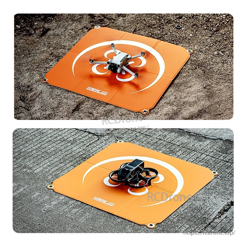 StartRC Drone Landing Pad, Drones and landing pads, including foldable helipads with pegs, suitable for DJI Air, Mavic, Mini, and Avata series.