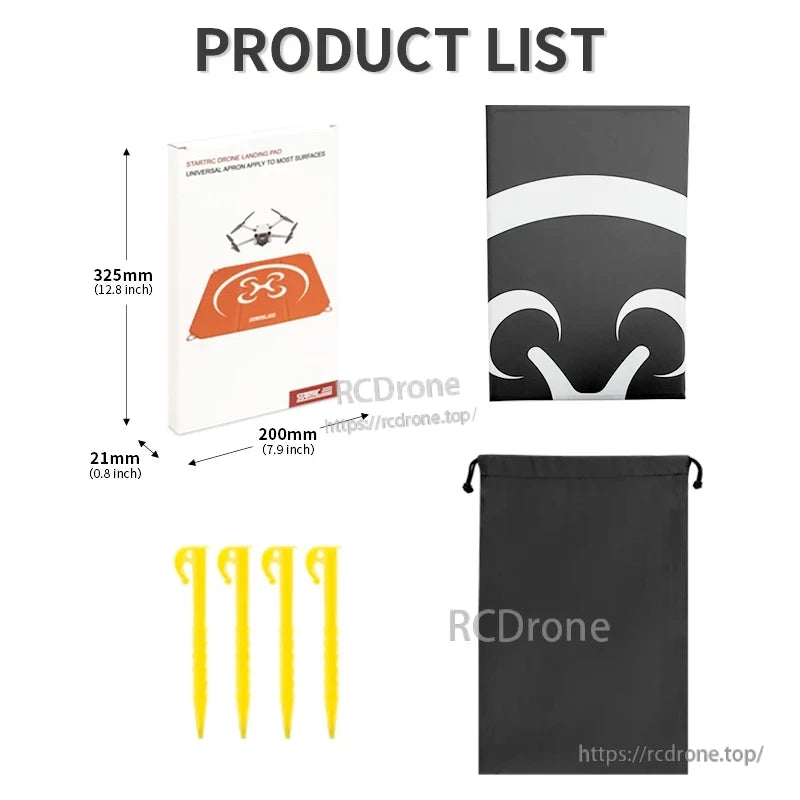 StartRC Drone Landing Pad with carrying bag, stakes, and packaging dimensions.